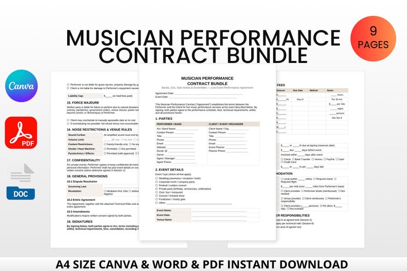 May include: A bundle of musician performance contract templates. The image shows a contract with sections for parties, event details, fees, and responsibilities. The bundle includes 9 pages and is available in Canva, Word, and PDF formats.