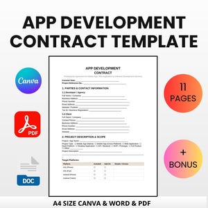 App Development Contract Template | Editable Canva Word PDF | Freelance Software Developer Agreement Bundle