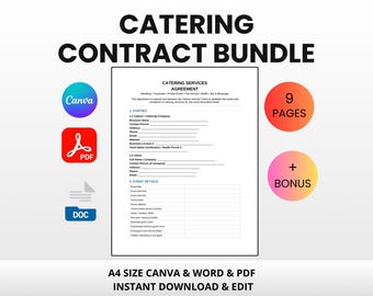 Catering Contract Bundle | Editable Canva Word PDF | Wedding Event Menu Proposal Tasting Worksheet Food Service Agreement