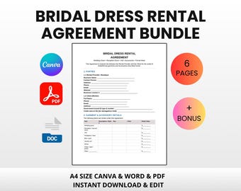 Bridal Dress Rental Agreement Bundle | Editable Canva Word PDF | Wedding Gown Contract Inspection Form Boutique Template