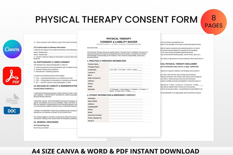 Physical Therapy Consent Form Template | Editable Canva, Word, PDF ...