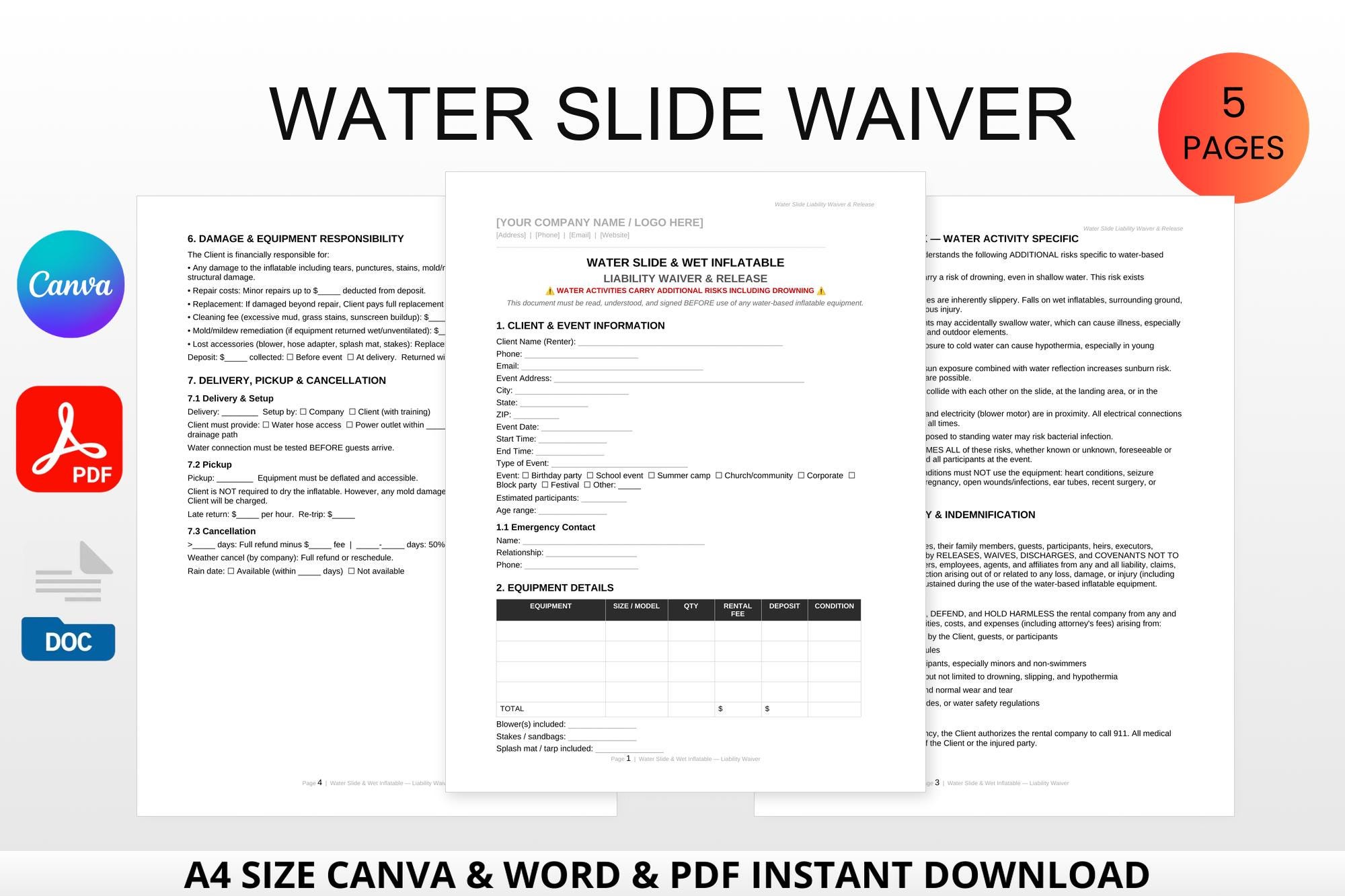 Wet Inflatable Checklist Water Slide Waiver Template | Wet Inflatable Liability, Safety Rules ...