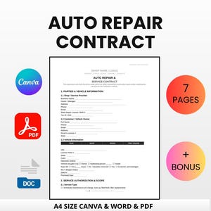Auto Repair Contract Kit | Service Agreement, Estimate, Intake Form (Canva, Word, PDF) bild 1