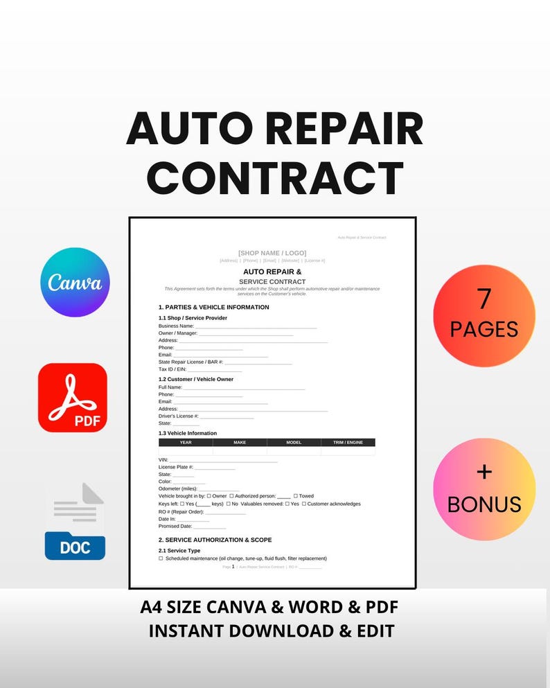 Auto Repair Contract Kit | Service Agreement, Estimate, Intake Form (Canva, Word, PDF) bild 1