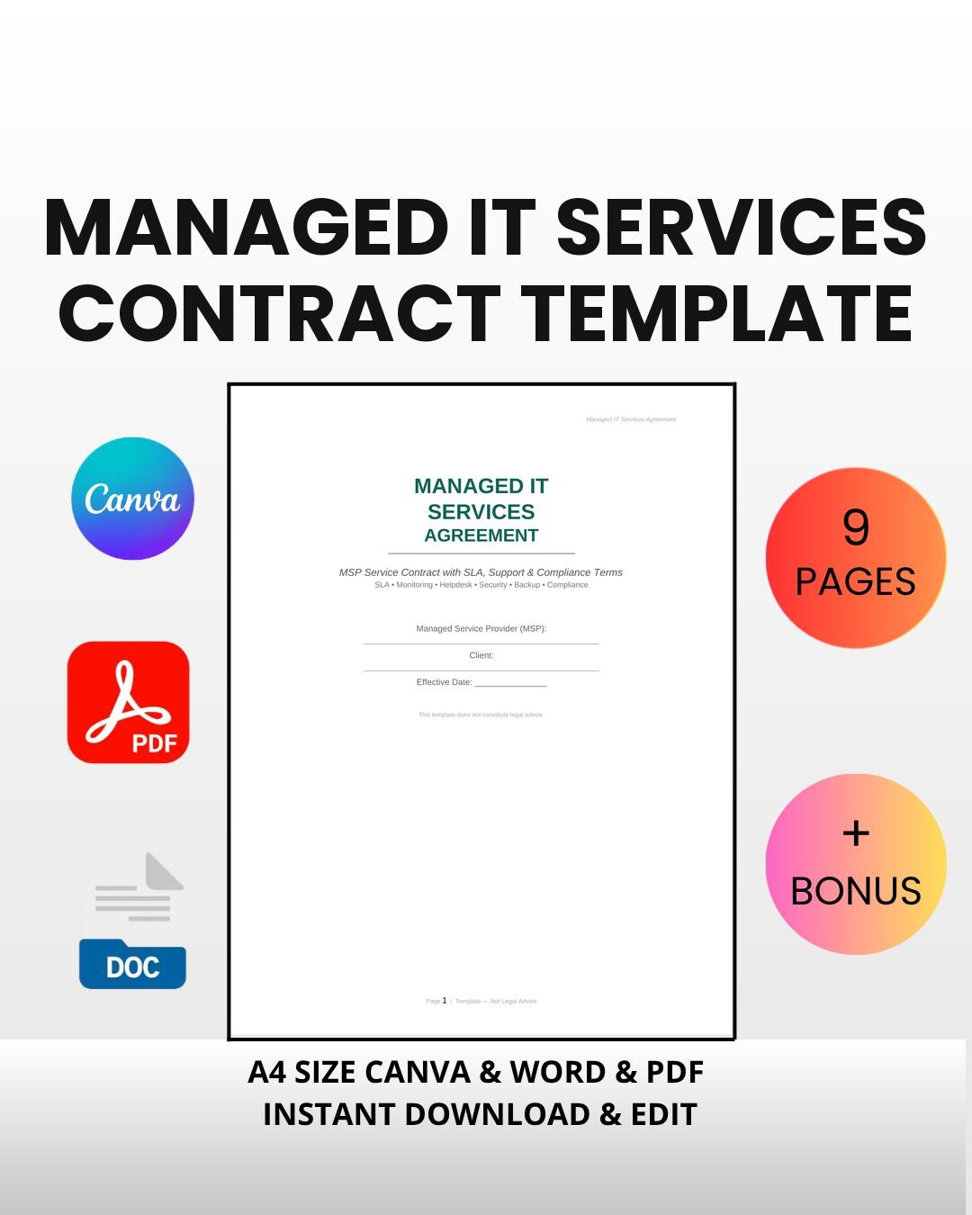 Managed IT Services Contract Template | MSP Agreement, Sla (canva, Word ...