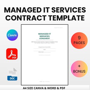 May include: A digital template for a Managed IT Services Contract. The document includes the text "Managed IT Services Agreement" and "MSP Service Contract". The image also features Canva, PDF, and DOC icons, along with a "9 Pages" and "+ Bonus" graphic.