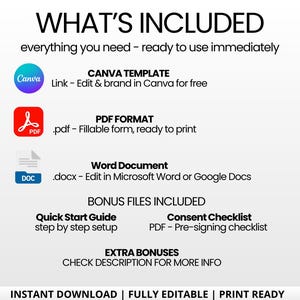 May include: Image showing a list of included items for a digital product. Includes a Canva template, PDF format, and Word document. Bonus files include a quick start guide and a consent checklist. Text reads "What's Included" and "Instant Download | Fully Editable | Print Ready."