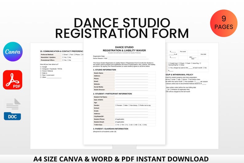Dance Studio Registration Form | Waiver, Tuition Tracker (Canva, Word, PDF) bild 2