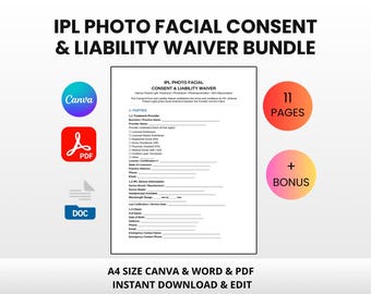 IPL Photo Facial Consent & Liability Waiver Bundle | Editable Canva Word PDF | Photofacial Form Skin Treatment