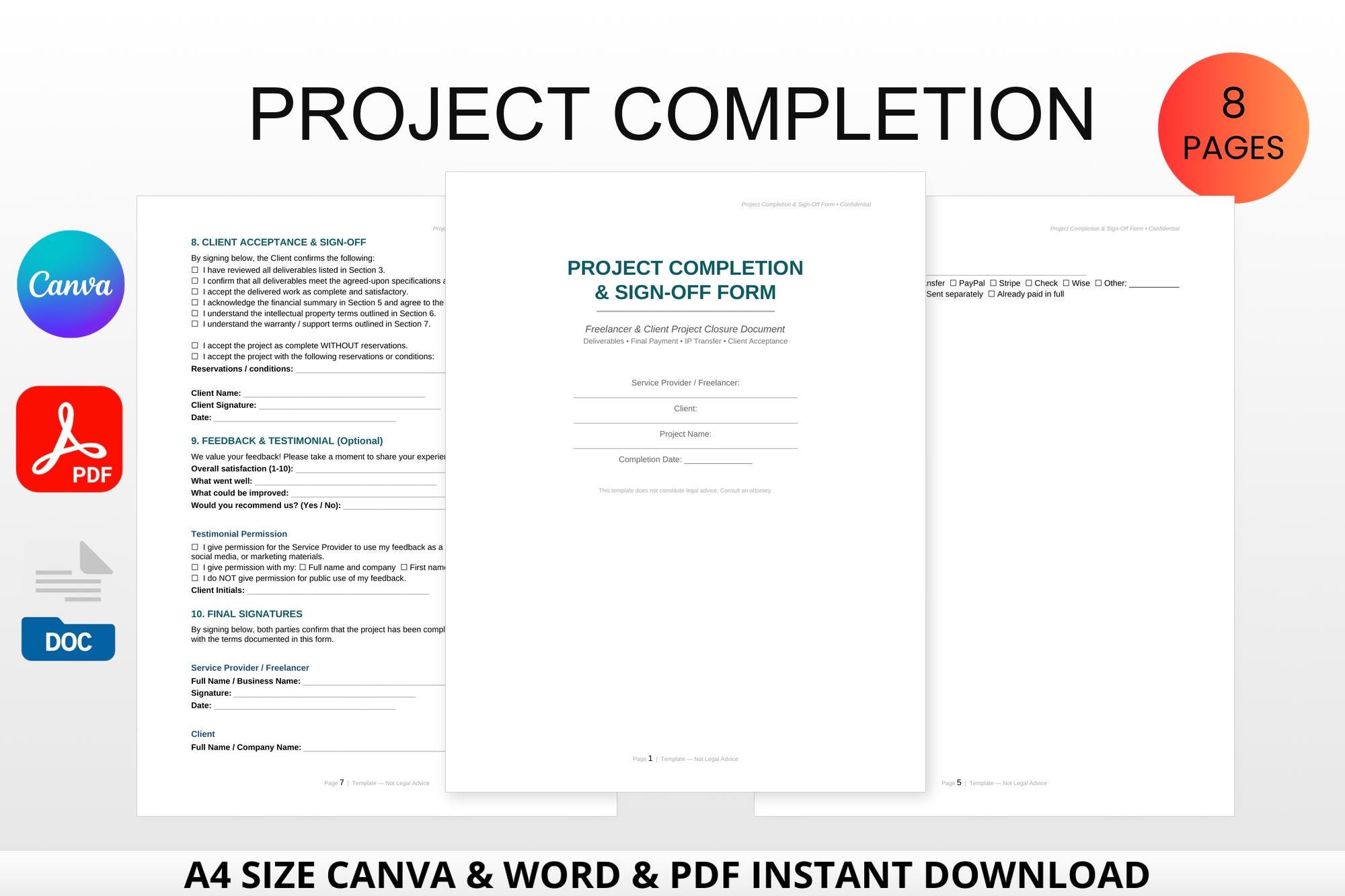 Project Sign-off Form Template | Client Deliverables (canva, Word, PDF ...
