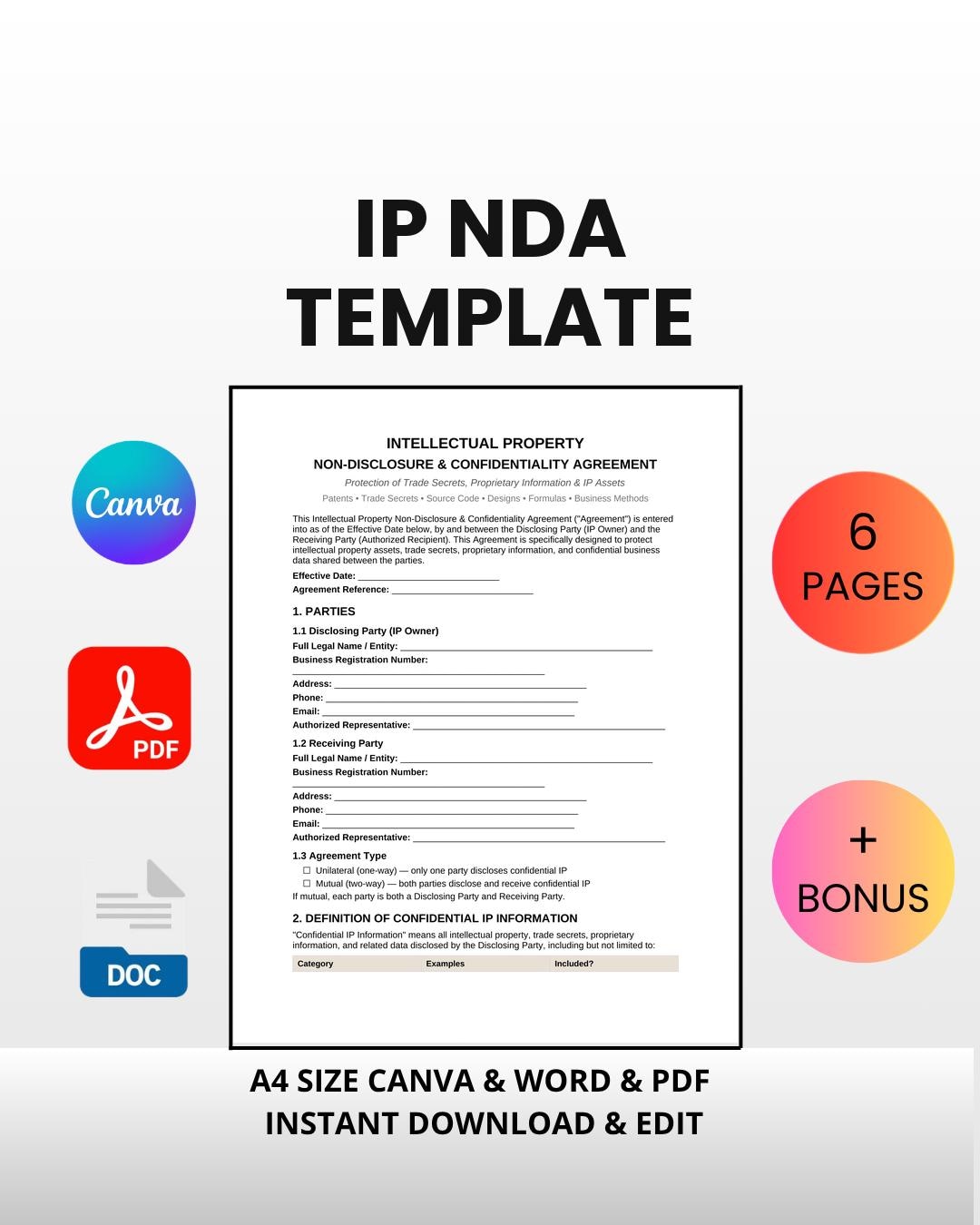 IP NDA Template | Editable Canva Word PDF | Intellectual Property Non ...