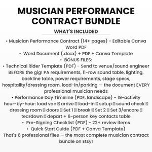 May include: A black and white graphic with the title "MUSICIAN PERFORMANCE CONTRACT BUNDLE." The image lists the contents, including a musician performance contract, word document, technical rider template, performance day timeline, pre-signing checklist, and quick start guide.