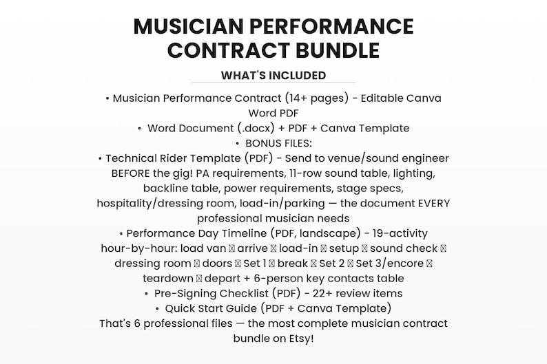 May include: A black and white graphic with the title "MUSICIAN PERFORMANCE CONTRACT BUNDLE." The image lists the contents, including a musician performance contract, word document, technical rider template, performance day timeline, pre-signing checklist, and quick start guide.