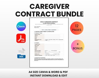 Caregiver Contract Bundle | Home Care Agreement | Editable Canva Word PDF | Adult Caregiver Employment Template