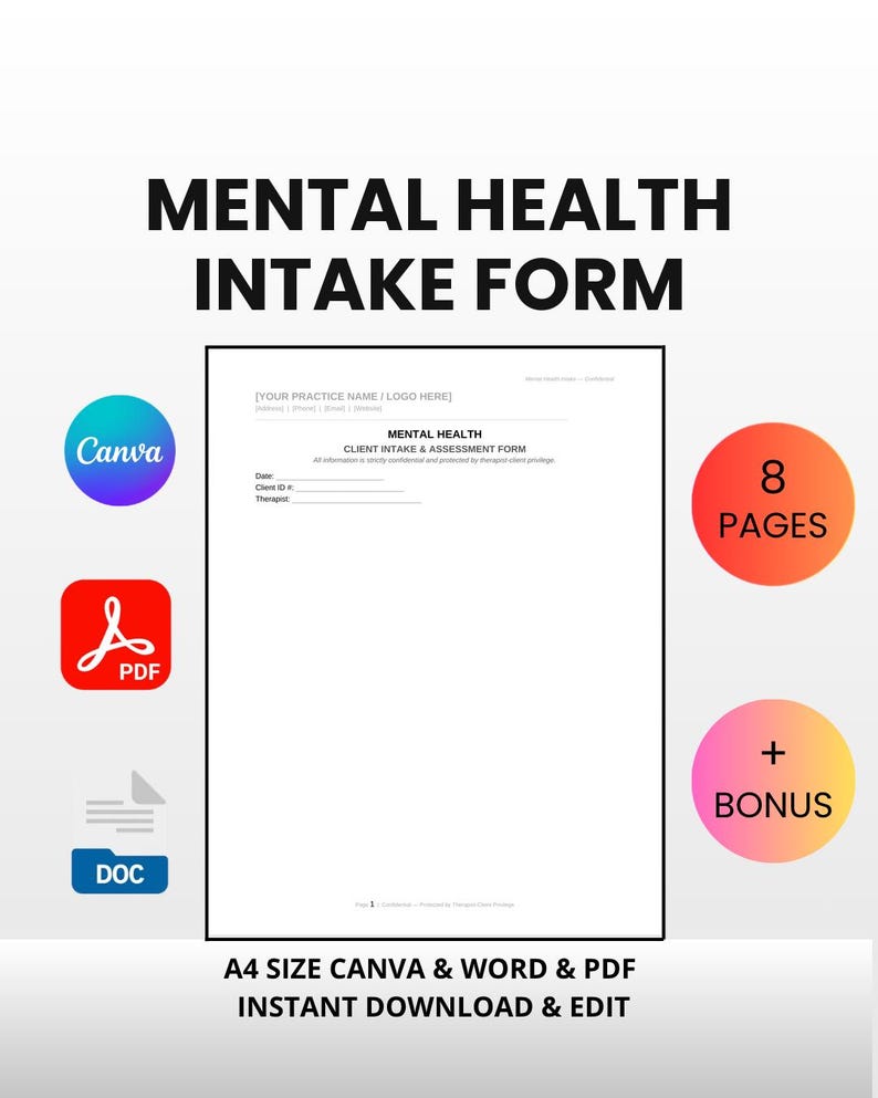 Mental Health Intake Form | Therapy Assessment Template (canva, Word ...