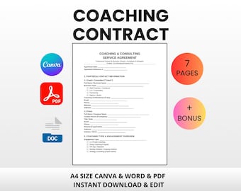 Coaching Contract Template | Editable Canva Word PDF | Consultant Agreement Business Coach Client Session Tracker