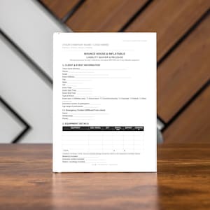 May include: A white document titled "BOUNCE HOUSE & INFLATABLE LIABILITY WAIVER & RELEASE" is displayed on a wooden surface. The document includes sections for client information and equipment details. The background features a mix of white and black diagonal lines and wooden panels.