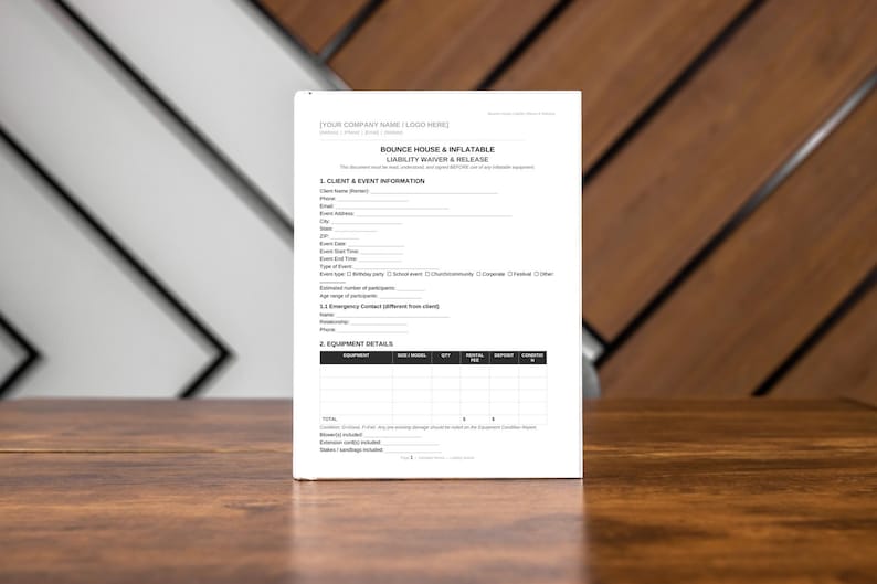 May include: A white document titled "BOUNCE HOUSE & INFLATABLE LIABILITY WAIVER & RELEASE" is displayed on a wooden surface. The document includes sections for client information and equipment details. The background features a mix of white and black diagonal lines and wooden panels.