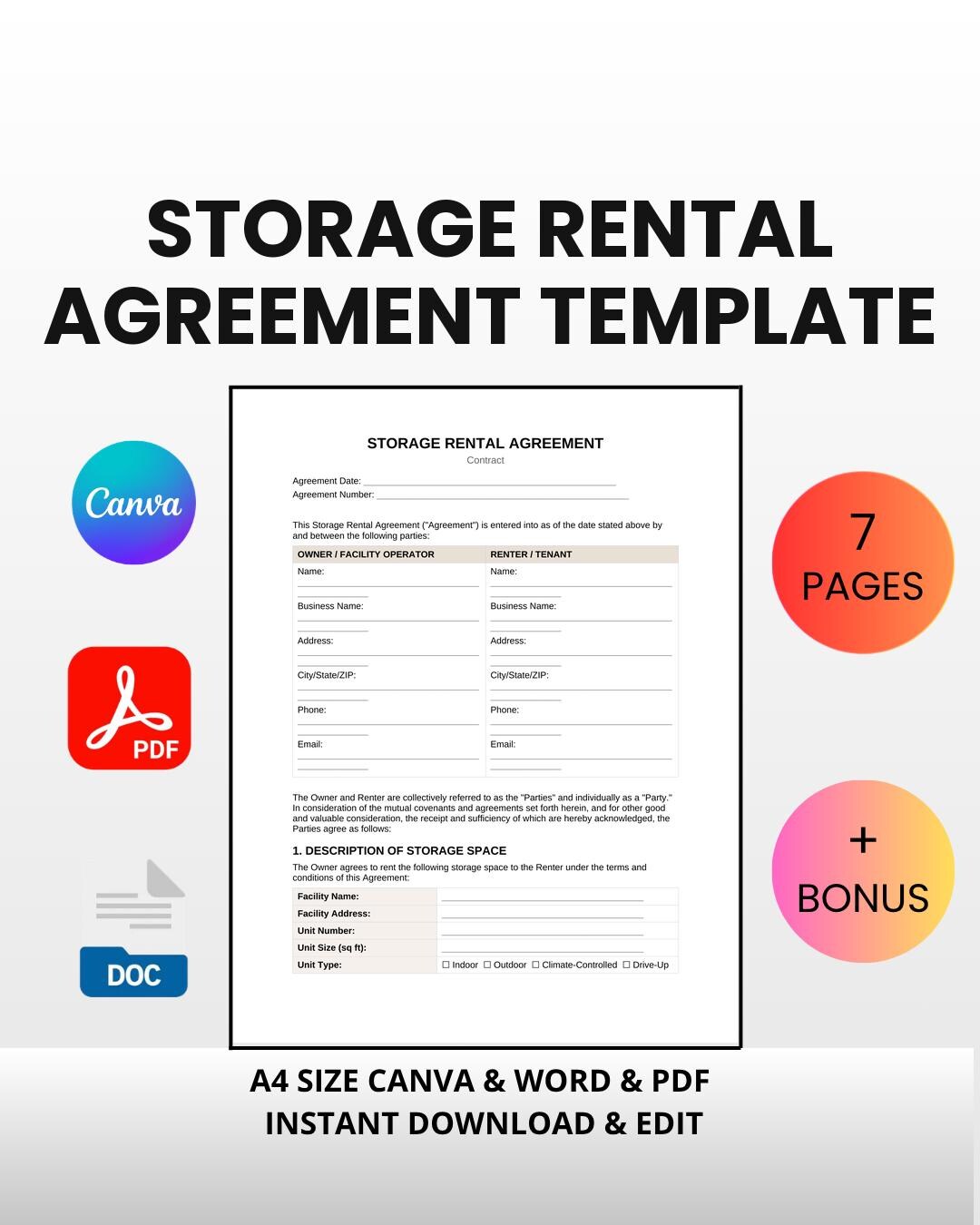 Storage Rental Proposal Template Storage Rental Agreement Template | Editable Canva Word PDF | Self ...