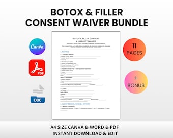 Botox & Filler Consent Waiver Bundle | Editable Canva Word PDF | Injectable Treatment Consent Liability Form