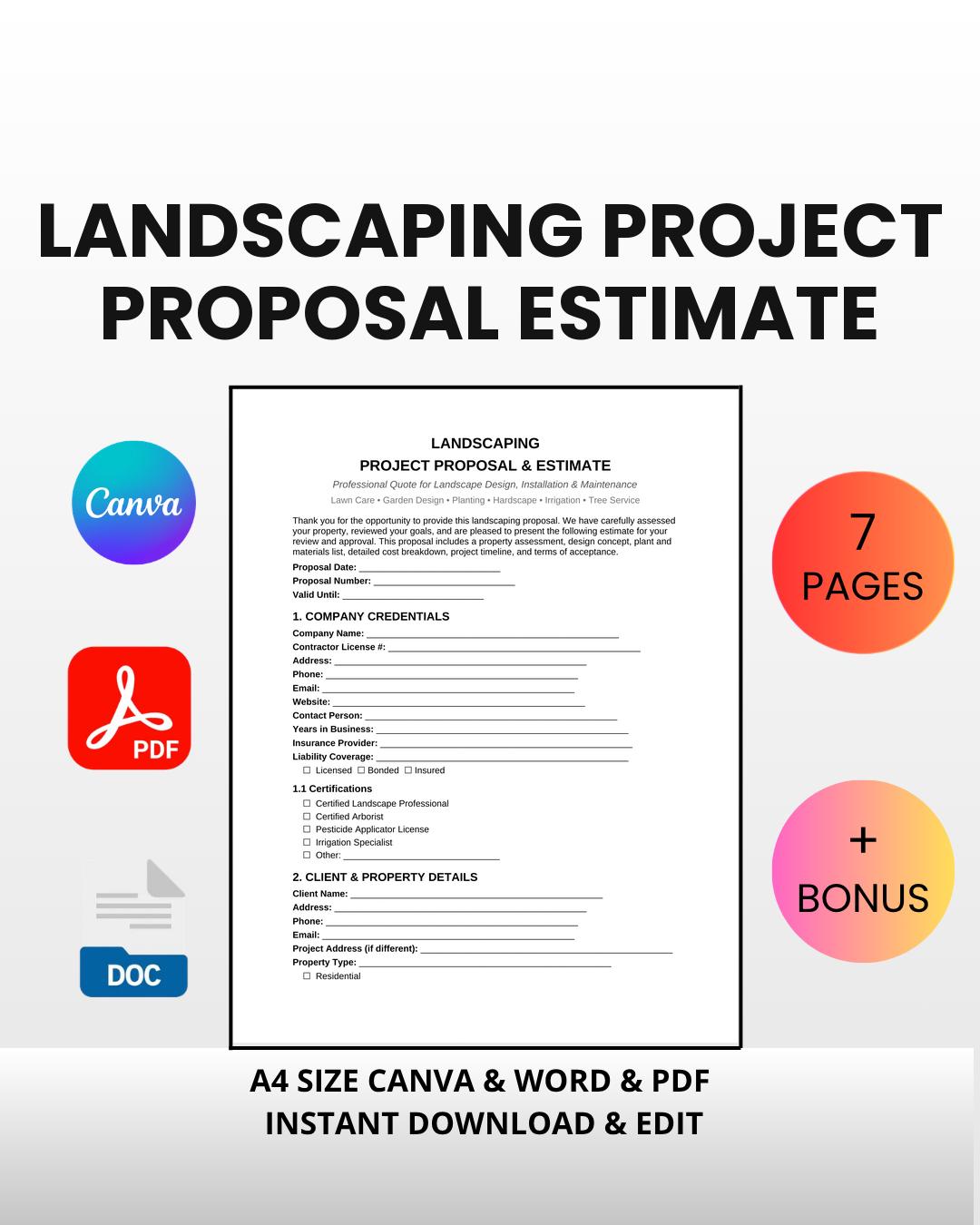Landscaping Project Proposal Estimate | Editable Canva Word PDF | Lawn ...