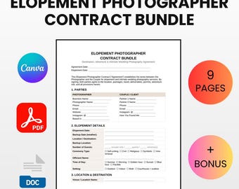 Elopement Photographer Contract Bundle | Editable Canva Word PDF | Destination Adventure Wedding Agreement