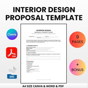 May include: A template for an interior design proposal. The document includes sections for designer profile, qualifications, and project scope. The template is available in Canva, PDF, and DOC formats. The image also includes a bonus and is 9 pages long.