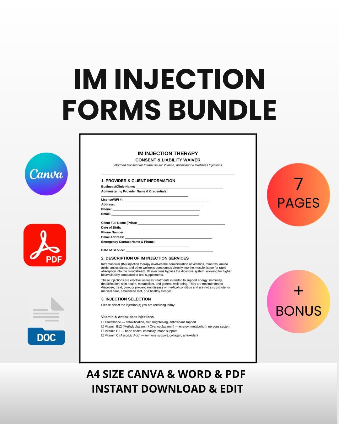 IM Injection Forms Bundle | Editable Canva, Word, PDF (glutathione, B12 ...
