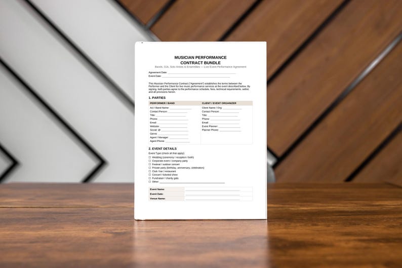 May include: A white Musician Performance Contract Bundle document, standing upright on a wooden surface. The document includes sections for performer and client details, event details, and agreement information. The background features a wooden wall.