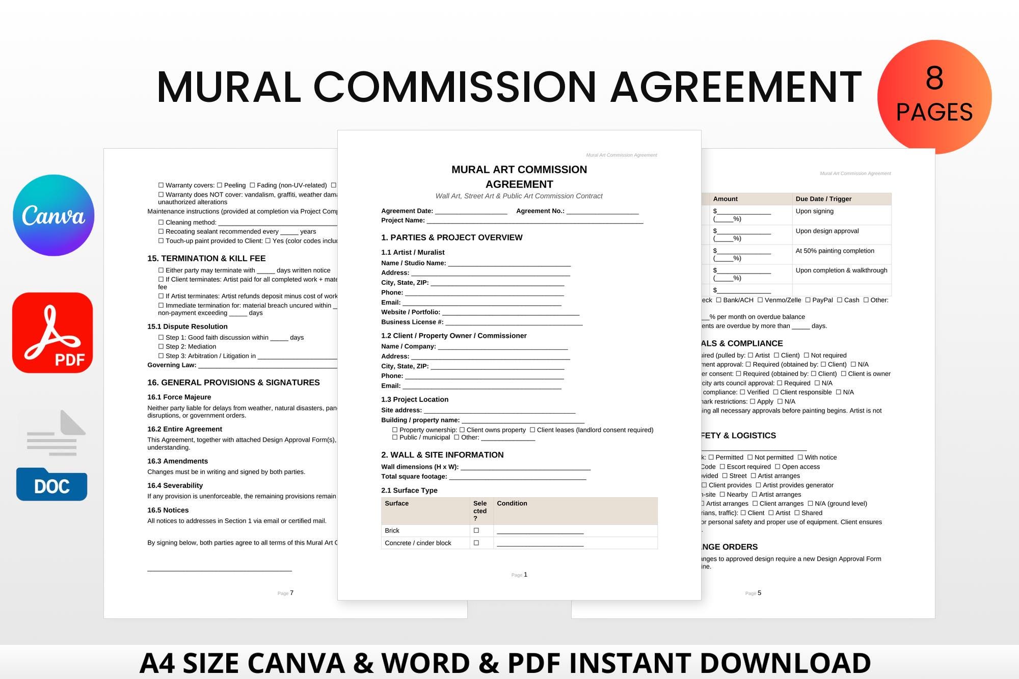 Mural Commission Agreement Bundle | Editable Canva, Word, PDF Contract ...