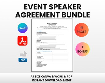 Event Speaker Agreement Bundle | Editable Canva Word PDF | Keynote Contract Rider Event Brief Conference Template