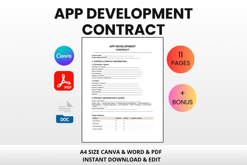 May include: A document titled "APP DEVELOPMENT CONTRACT" with the text "APP DEVELOPMENT CONTRACT" at the top. The document includes sections for parties, contact information, and project description. Icons for Canva, PDF, and DOC are present, along with circles indicating "11 PAGES" and "+ BONUS".
