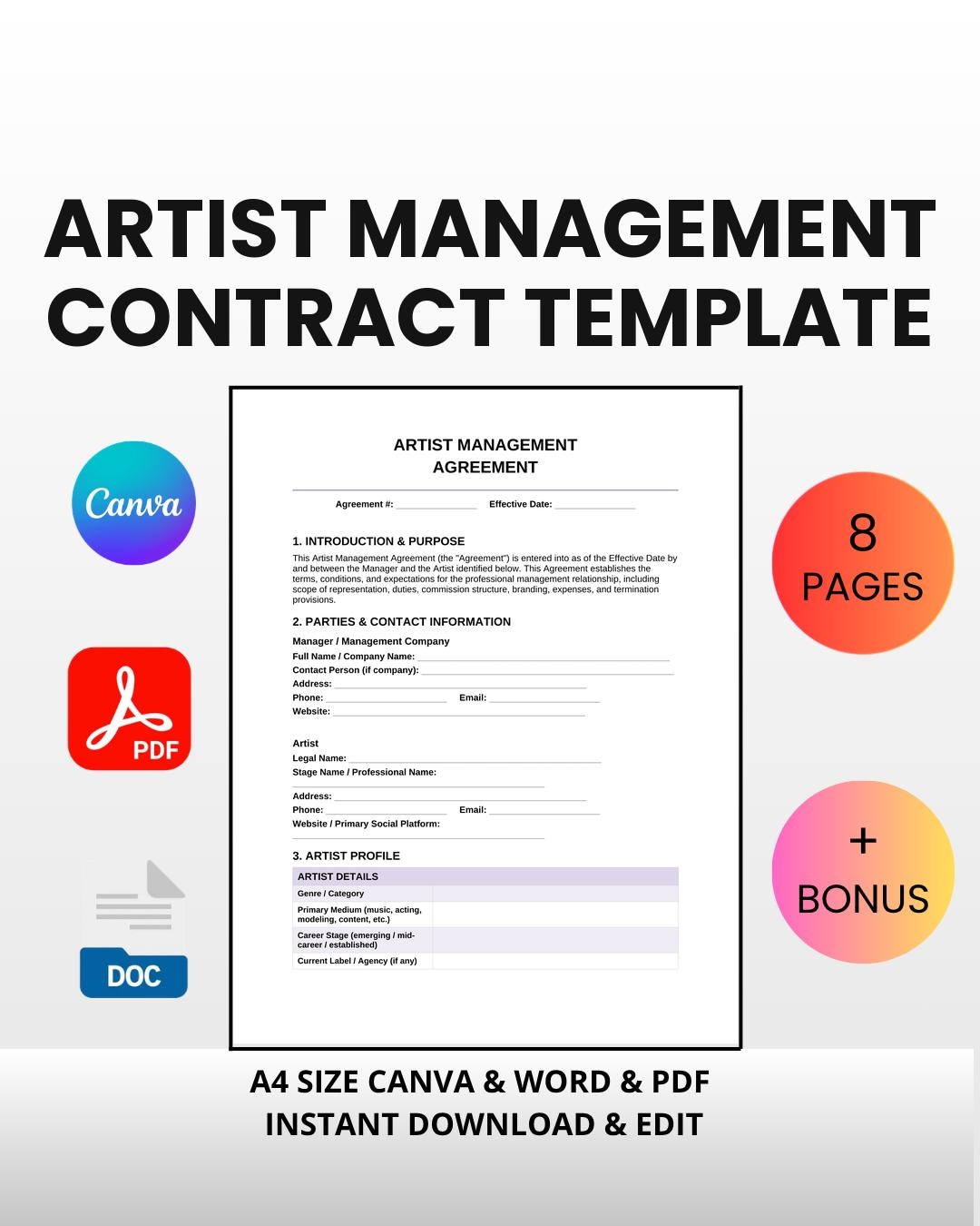 Artist Management Contract Template | Editable Canva Word PDF | Music ...