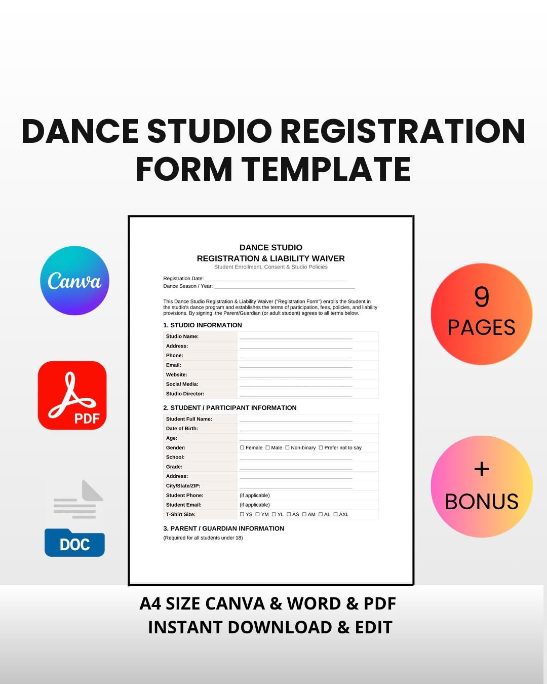 Dance Studio Registration Form Template | Editable Canva Word PDF ...
