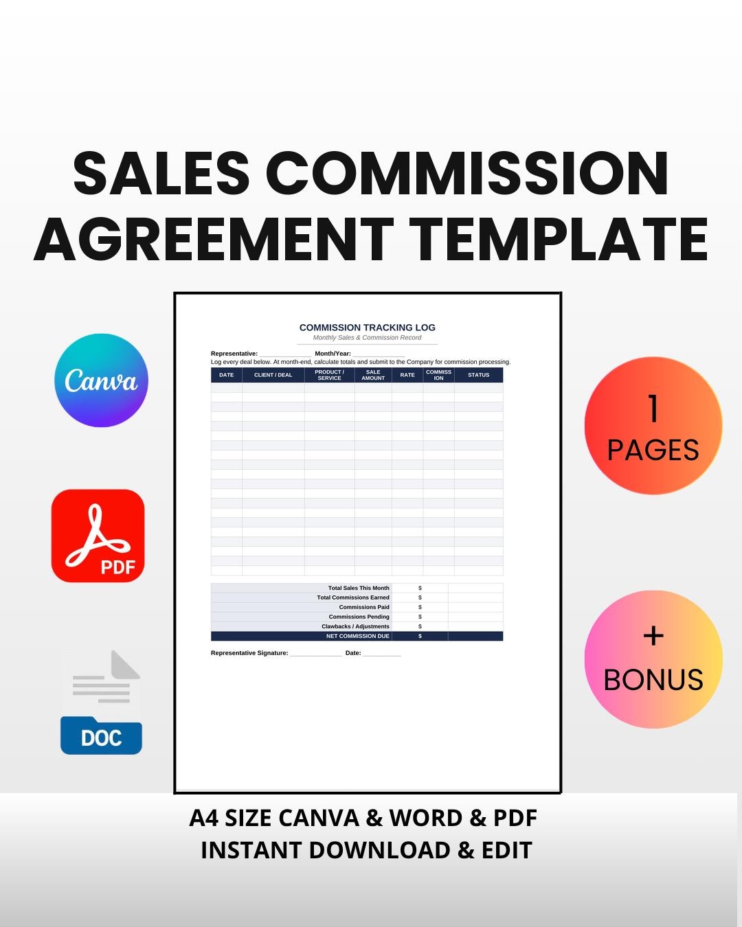 Sales Commission Agreement Template | Editable Canva Word PDF ...