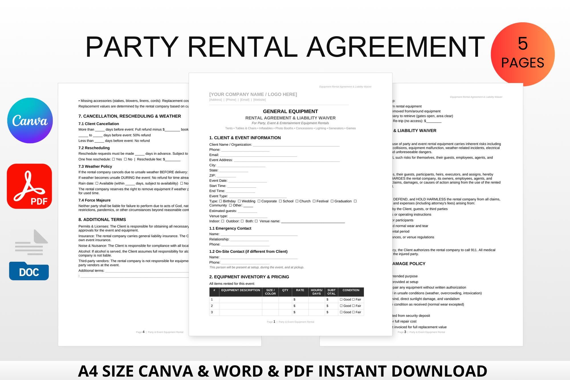 Example Event Rental Agreement Party Rental Agreement Template | Event Business Kit (canva, Word, PDF ...