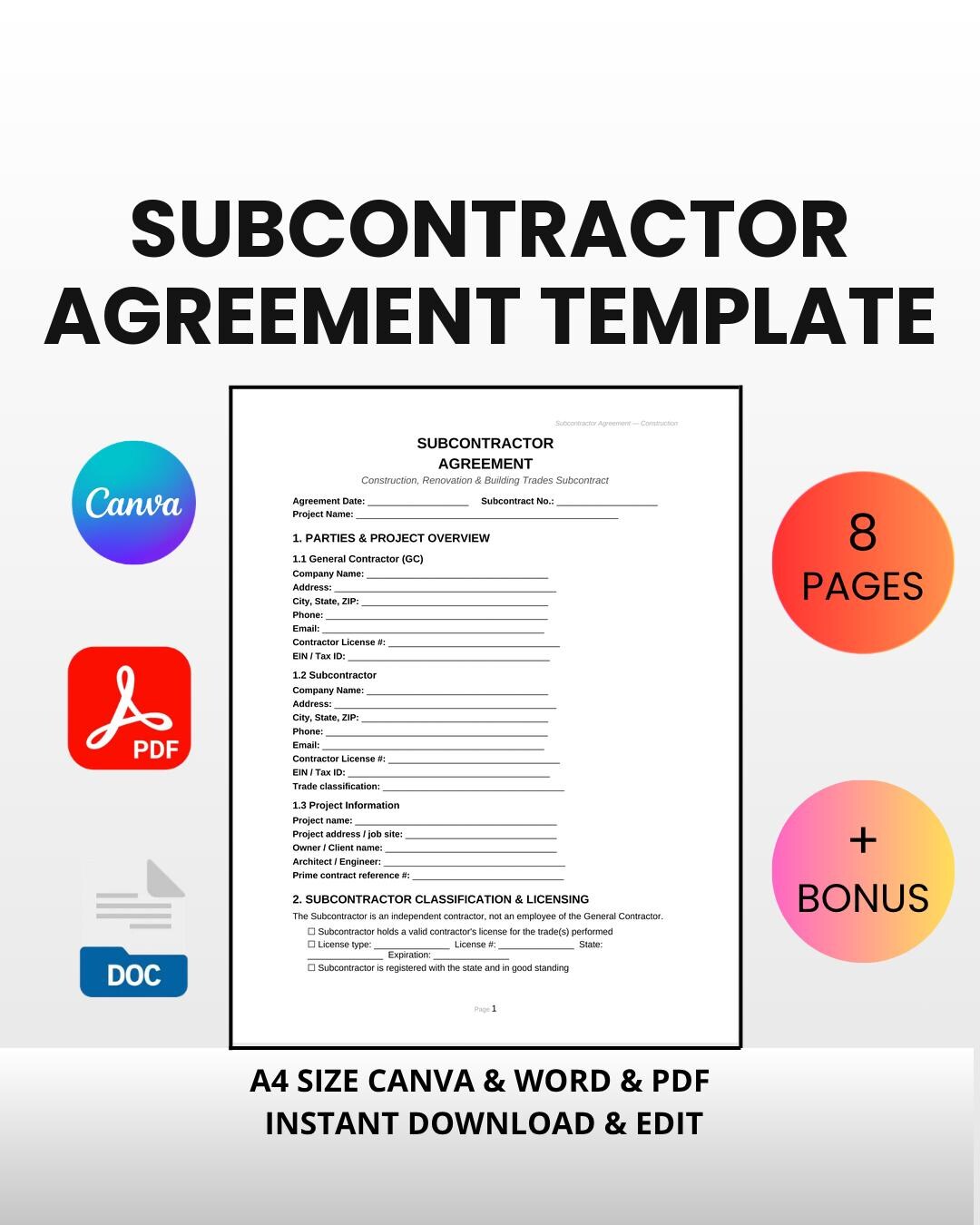 Subcontractor Agreement Template | Editable Canva Word PDF ...