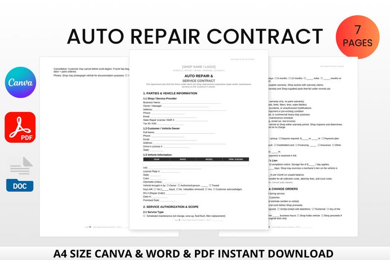 Auto Repair Contract Kit | Service Agreement, Estimate, Intake Form (Canva, Word, PDF) bild 2
