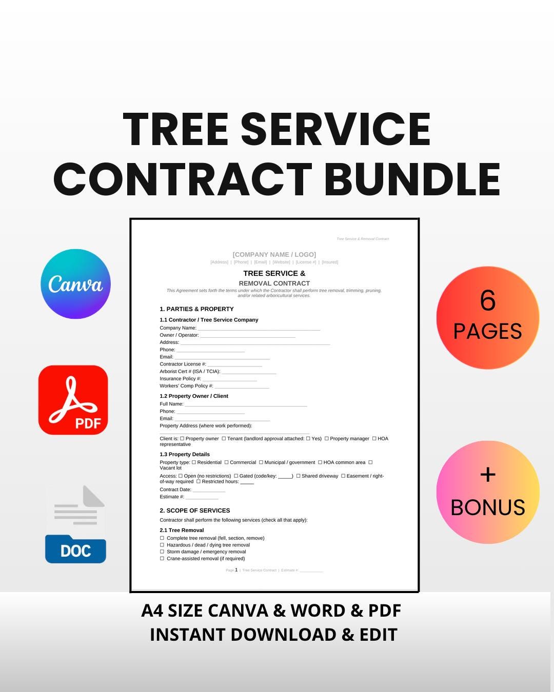 Tree Service Contract Template | Arborist Agreement Canva, Word, PDF - Etsy
