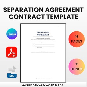 Puede incluir: Una plantilla de contrato de acuerdo de separación blanca con el texto "SEPARATION AGREEMENT CONTRACT TEMPLATE" en negro. Incluye iconos de Canva, PDF y DOC, además de un gráfico de "9 PAGES" y "+ BONUS". El documento es de tamaño A4.