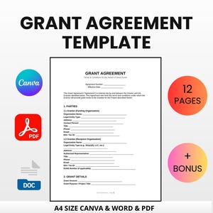 Op de afbeelding: Een digitale Grant Agreement Template met de titel "GRANT AGREEMENT TEMPLATE" in vette zwarte letters. De template bevat secties voor partijen en subsidiegegevens. Pictogrammen voor Canva, PDF en DOC zijn zichtbaar, samen met de labels "12 PAGES" en "+ BONUS".