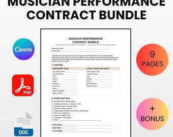 Musician Performance Contract Bundle | Editable Canva, Word, PDF Agreement