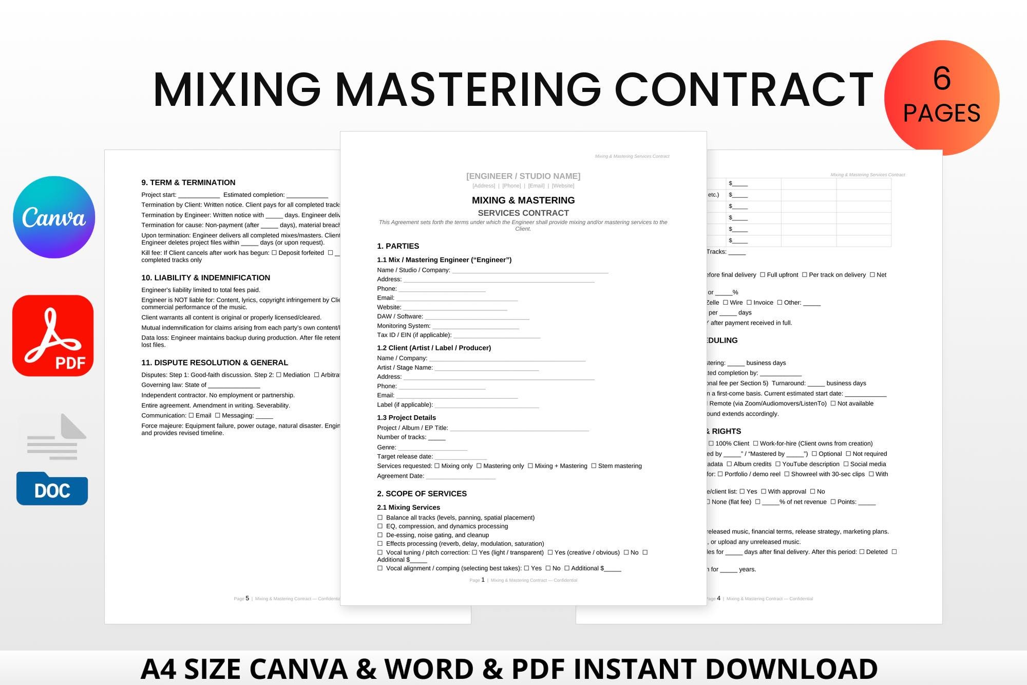 Mixing Mastering Contract Template | Audio Engineer Agreement (canva ...