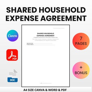 Puede incluir: Un documento digital titulado "SHARED HOUSEHOLD EXPENSE AGREEMENT" con un plan financiero detallado para compa&ntilde;eros de piso. La imagen incluye iconos de Canva, PDF y DOC, junto con una etiqueta "7 PAGES" y "+ BONUS". El documento es de tama&ntilde;o A4.
