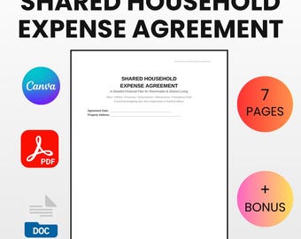 Acuerdo de gastos para compañeros de piso / Registro de gastos de alquiler, servicios públicos y presupuesto (Canva, Word, PDF)