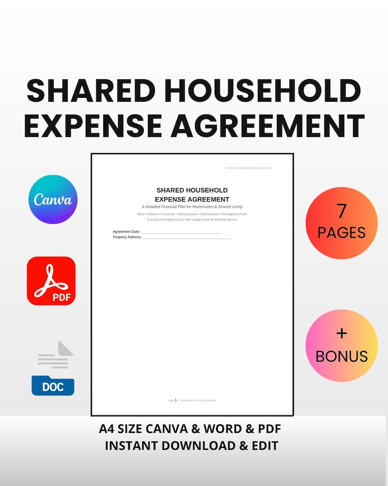 Puede incluir: Un documento digital titulado "SHARED HOUSEHOLD EXPENSE AGREEMENT" con un plan financiero detallado para compa&ntilde;eros de piso. La imagen incluye iconos de Canva, PDF y DOC, junto con una etiqueta "7 PAGES" y "+ BONUS". El documento es de tama&ntilde;o A4.