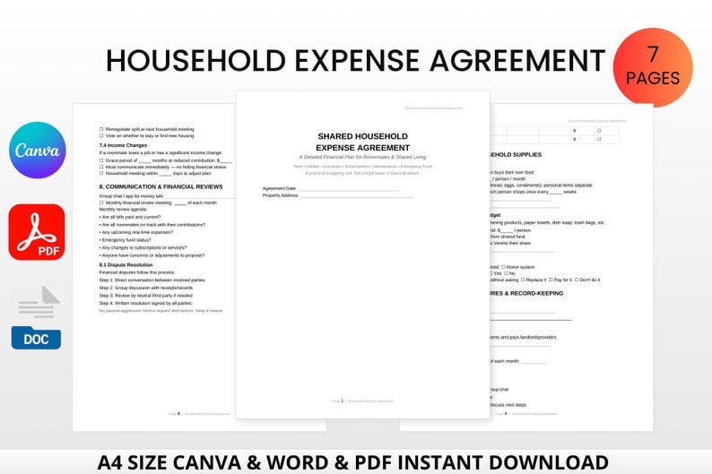 Acuerdo de gastos para compañeros de piso / Registro de gastos de alquiler, servicios públicos y presupuesto (Canva, Word, PDF) imagen 2