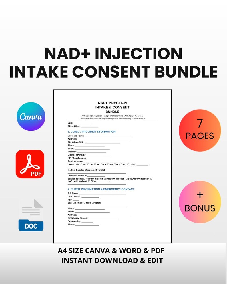 Hand Injection Addendum Forms NAD+ Injection Intake Consent Bundle | IV Therapy Clinic Forms (canva ...