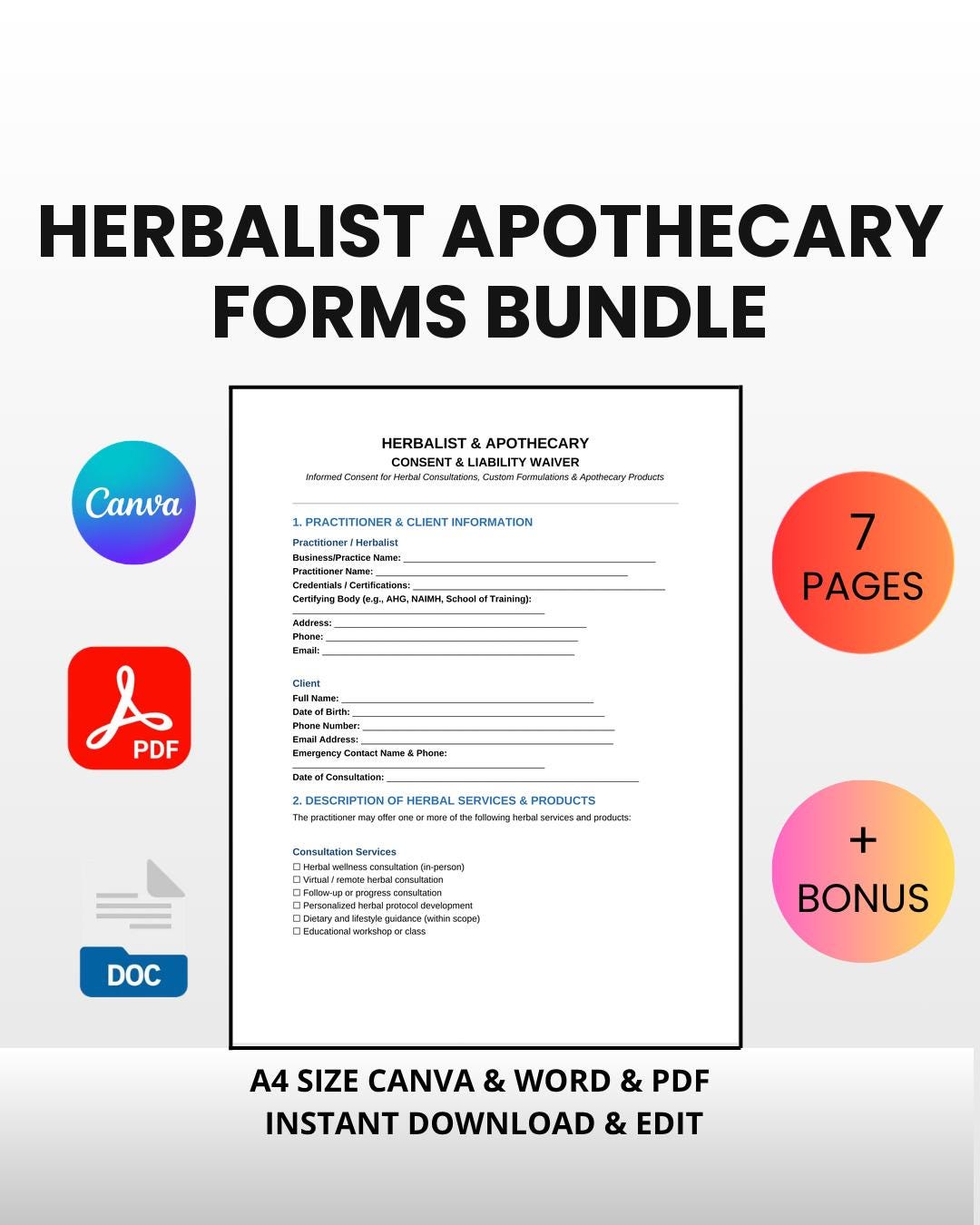 Ihorm Form.pdf Herbalist Apothecary Forms Bundle | Editable Canva Word PDF | Consent ...
