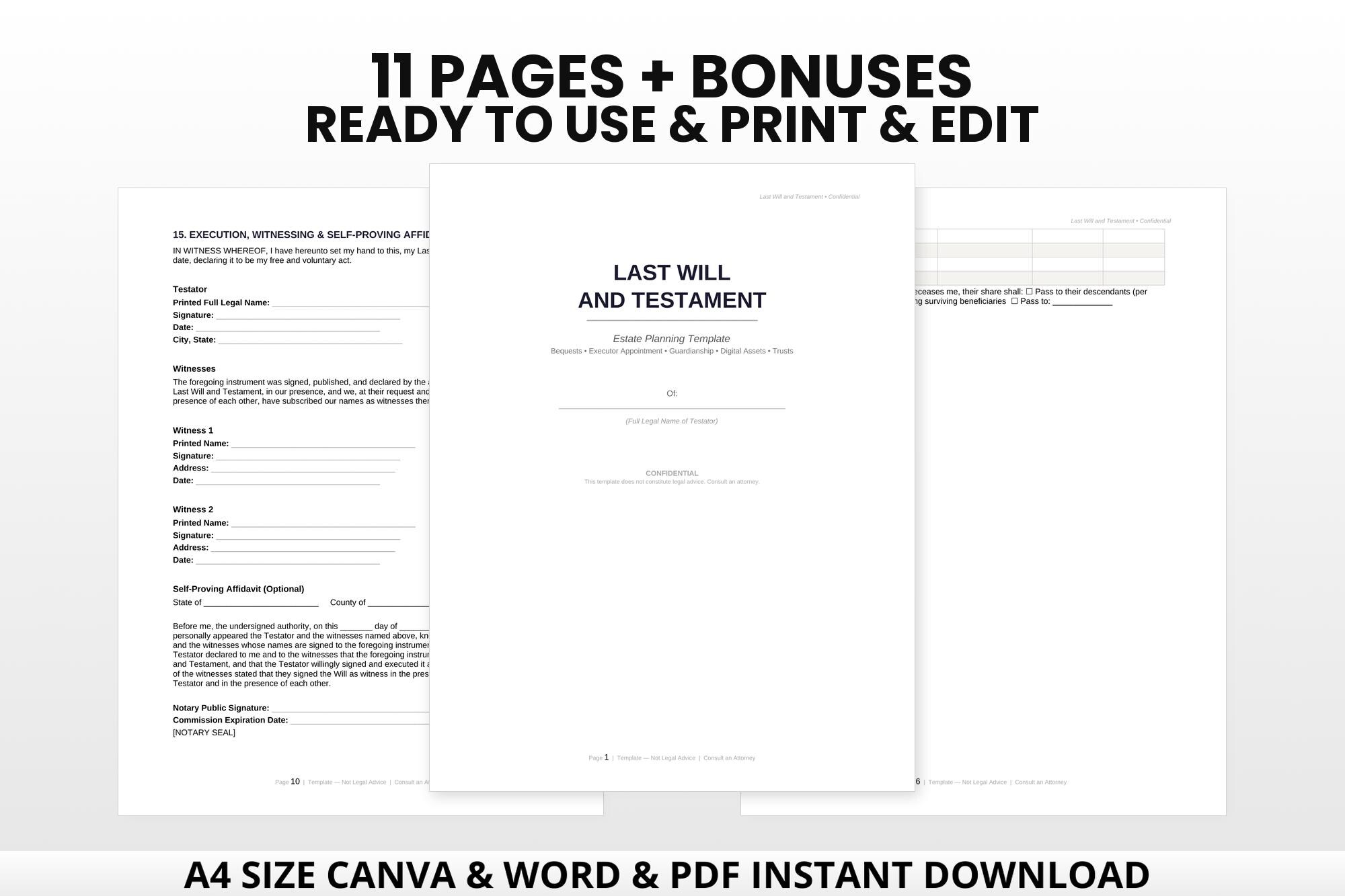 Last Will and Testament Template | Editable Canva, Word, PDF - Etsy